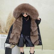 狐狸毛儿童(毛儿童)派克服皮草外套，中长款内胆大毛领时尚2021男女童冬