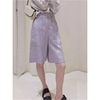 日系紫色亚麻休闲宽松短裤女夏季高级设计感小个子高腰五分阔腿裤