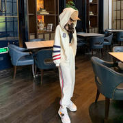 日系运动套装女韩版条纹连帽白色短款卫衣外套宽松束脚休闲裤两件