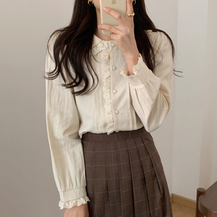 韩国chic春季复古减龄娃娃，领拼接蕾丝，设计宽松百搭纯色长袖衬衫女