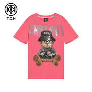 直播t.c.h轻奢潮牌博士，熊烫钻粉色t恤男女，短袖t21110c3031