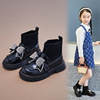 女童皮鞋2023春女童单靴女孩针织英伦短靴蝴蝶结靴子儿童皮靴