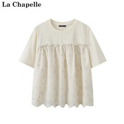 拉夏贝尔/La Chapelle春夏米白色拼接蕾丝T恤女花朵短袖上衣
