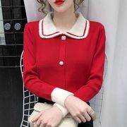 加厚毛衣女(毛衣女，)2022秋冬红色娃娃领针织打底衫，学生小个子百搭上衣