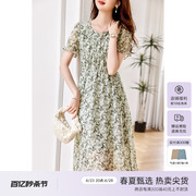 XWI/欣未气质雪纺显瘦连衣裙女2023年夏季简约风绿色印花裙子