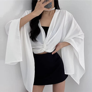 韩国chic春季小众设计感交叉v领扭结百搭显瘦不规则长袖雪纺衬衫