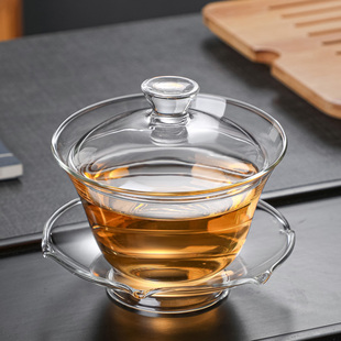 玻璃三才盖碗耐热茶杯，家用功夫茶具套装，大号荷叶泡茶碗泡茶杯子
