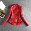 韩国红色修身机车皮夹克，女春秋显瘦高级感短款网红皮衣外套潮