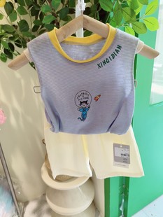 男孩子宝宝婴幼童套装夏天休闲运动纯棉T恤无袖背心短裤蓝色条纹