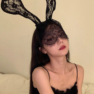 性感蕾丝兔耳朵发箍眼罩，网红发卡面纱猫耳，头箍遮脸面罩网纱头饰女