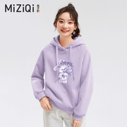 米子旗紫色连帽卫衣女春秋季2024年韩版卡通印花超火百搭上衣