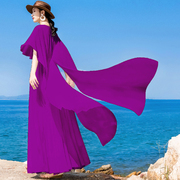 复古V领紫红色蝙蝠袖女海边度假沙滩裙飘逸雪纺拖尾纯色长裙子仙