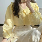 法式衬衫春秋女Chic设计感衬衣长袖娃娃领上衣小众复古奶甜奶黄色