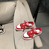鞋子2023年女韩版时尚，真皮色拼接圆头厚底，系带休闲鞋板鞋红色