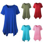 eBay欧美跨大码女装中长款短袖T恤宽松圆领纯色打底衫