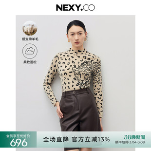 NEXY.CO/奈蔻2023年冬季内搭豹纹上衣中高领女羊毛打底针织衫