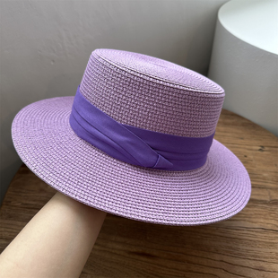高雅紫色草帽子夏天女平顶，遮阳帽女复古英伦，防晒太阳帽情侣平檐帽