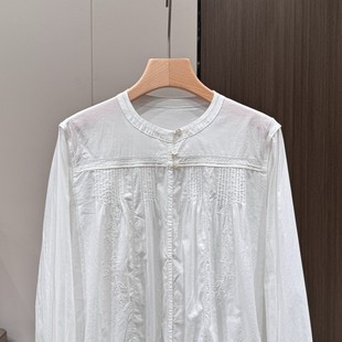 日系风格!日本密织棉，减龄钩花打揽宽松圆领，衬衫白色休闲衬衣薄