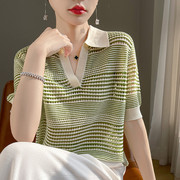 夏季薄款羊毛针织衫镂空上衣拼色条纹套头衫POLO领短袖韩版T恤女