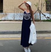 韩国夏季女士纯棉字母，印花背心连衣裙无袖直筒，长裙过膝潮简约
