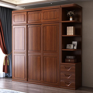 中式胡桃实木一体推拉门大衣柜家用卧室，现代简约储物柜多功能衣橱