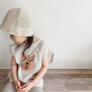 儿童棉麻卡通短袖衬衫夏季韩版童装男女童格子打底衫女宝宝T恤
