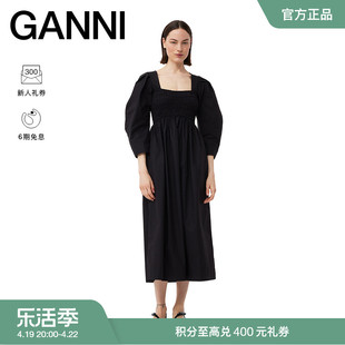 ganni女装黑色方领蝙蝠袖，罩衫修身长裙连衣裙f9092099