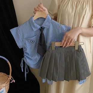 女童夏装衬衣儿童美式学院，风套装宝宝翻领蓝条纹，无袖短袖衬衫裙裤