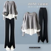 灰色假两件针织毛衣女春季2024韩系设计感高腰直筒开叉休闲裤