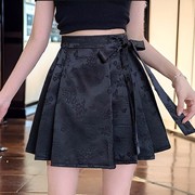 新中式马面裙国风蝴蝶结设计感百褶裙女黑色，防走光缎面提花半身裙