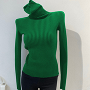 高领绿色打底衫女秋冬内搭堆堆领毛衣，洋气2024气质修身针织衫