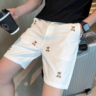 夏季网红小熊刺绣，短裤男潮牌薄款白色五分裤男士，潮流休闲中裤