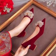 红色绒面结婚鞋新娘高跟鞋子女，2022年粗跟不累脚禾秀婚纱两穿