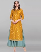 进口2024印度民族风情女装，印花七分袖，套头圆领垂感两件套长款黄色