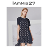 iammix27夏季短袖连衣裙，女圆领不对称蕾丝拼接假两件荷叶边雪纺裙