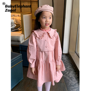 宝贝小象早秋粉色海军领洋气两件套泡泡袖，风衣连衣裙女童宝宝