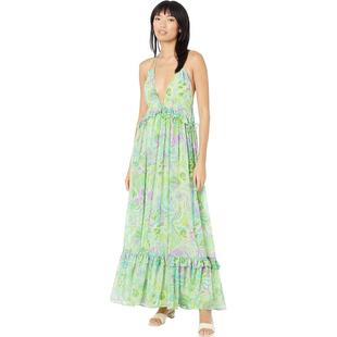 MANGO连衣裙女子绿色V领花色露背夏季拖地长裙沙滩裙性感吊带裙