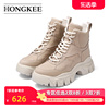 Hongkee/红科女鞋冬季女靴牛皮厚底短靴机车风高帮休闲鞋HA82S400