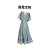 波西米亚度假风连衣裙夏氛围(夏氛围，)感蓝色v领刺绣海滩长裙