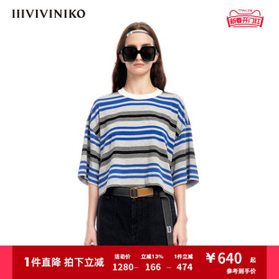 IIIVIVINIKO夏季学院风短⽅廓形宽松条纹T恤女M320526337D