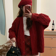 圣诞新年红色毛衣外套，女秋冬季2023慵懒风针织开衫高级感