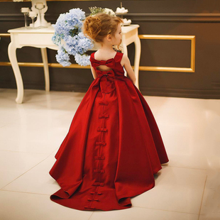 2024女童钢琴演出服红色公主裙高端缎布主持人婚礼小伴娘礼服
