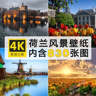 4k高清图库荷兰风景，建筑图片风车郁金香，乡村摄影电脑壁纸jpg素材