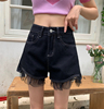 蕾丝拼接设计牛仔短裤女2023夏季高腰显瘦大码阔腿胖妹妹a字热裤