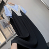森系韩版圆领，短袖雪纺衫，黑色减龄连衣裙