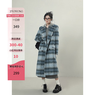 2toyoung条纹舞曲蓝色格纹毛呢，大衣女冬季中长款呢子上衣外套