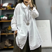 欣欣春季宽松大码中长款长袖衬衫女文艺，设计感白色衬衣