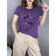 紫色印花短袖t恤女士，2024夏季欧货洋气大码显瘦打底体恤上衣