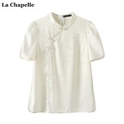 拉夏贝尔/La Chapelle夏季新中式国风珍珠盘扣衬衫女甜美小衫