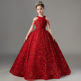 儿童礼服高端女童生日公主，裙小主持人钢琴演出服，模特走秀服装红色